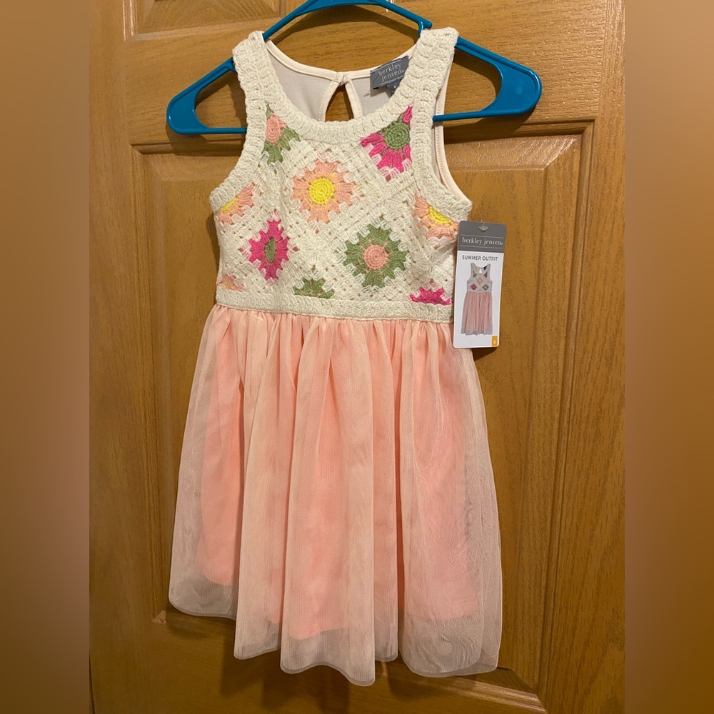 Charming Crochet Kids Dress - Cream and Pink